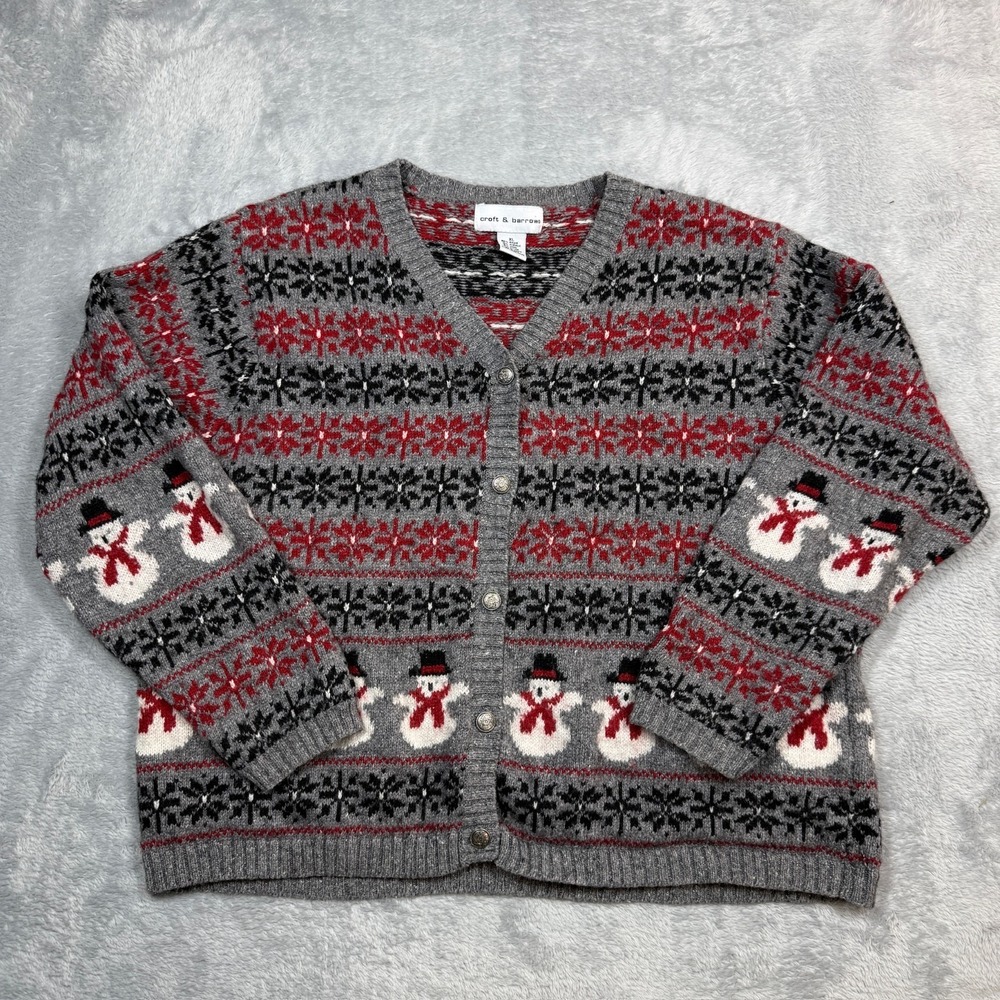 Croft & Barrow Cardigan‎ Gray Womens XL Christmas Snowman Wool Snowflake Cozy